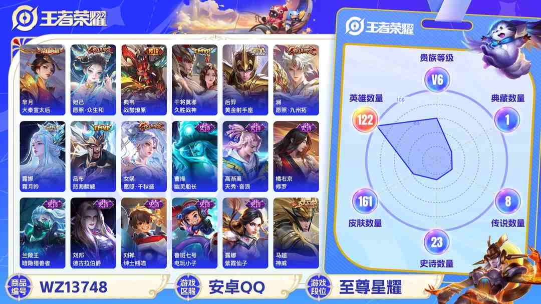 王者荣耀账号安卓QQMWZ100707【女号1典藏9传说V6】安卓Q-161皮肤-122英雄  【典藏皮肤】 大秦宣太后  【传说皮肤】 鸣野蒿 霜月吟 战鼓燎原 愿照·九州拓 愿照·千秋盛 愿照·众生和 久胜战神 黄