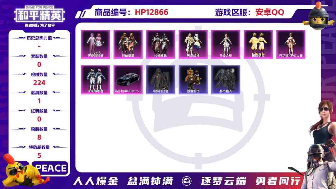 和平精英账号安卓QQM99321【身法号1载具8粉装5特效枪 都市蓝口罩 蜘蛛侠  暖暖奶龙 天使彩虹糖 裁决冥王】安卓Q-73607热力值 11王牌印记 历史超级王牌14星 216套装 223枪皮 【1载具】 玛莎拉