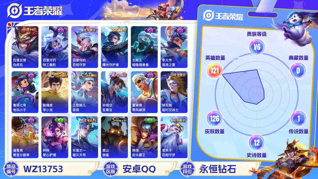 王者荣耀账号安卓QQMWZ100559【4传说至尊宝 白虎志 V6】安卓Q-126皮肤-121英雄 
【传说皮肤】 鸣野