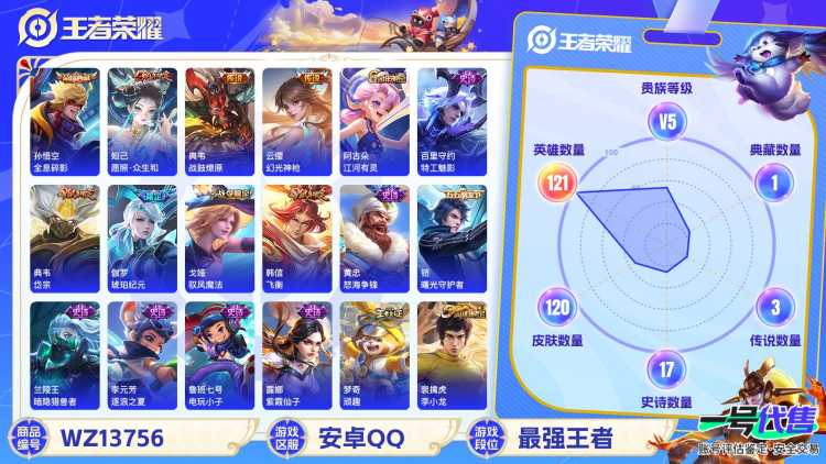 【1典藏4传说V5星史诗凯】 安卓Q-120皮肤-121英雄  【典藏皮肤】 全息碎影  【传说皮肤】 鸣野蒿 战鼓燎原 幻光神枪 愿照·众生和  【史诗皮肤】 蔬乡物语 蔬乡物语 破空之剑 岱宗 