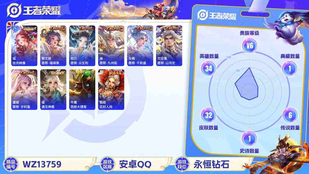 王者荣耀账号安卓QQ【女号1瑶瑶典藏6传说V6蛇年全套】安卓Q-32皮肤-34英雄  【典藏皮肤】 拾光映像  【传说皮肤】 愿照·山河定 愿照·福禄聚 愿照·九州拓 愿照·千秋盛 愿照·众生和 愿照·岁时盈  【史诗