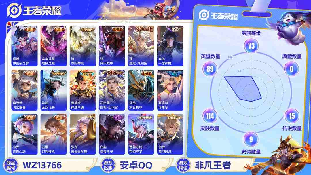 王者荣耀账号安卓QQ【17传说V7 143抽水晶 7按键】 安卓Q-114皮肤-89英雄  【传说皮肤】 浮生妄 鸣野蒿 幻光神枪 愿照·山河定 祥瑞亨通 愿照·九州拓 无双飞将 仲夏夜之梦 地狱之眼 炽阳神光 绛天战