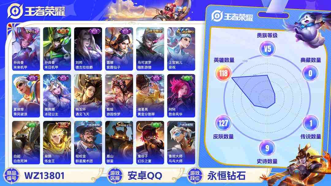 王者荣耀账号安卓QQ【1传说1星传说未来机甲V5】安卓Q-127皮肤-118英雄  【传说皮肤】 末日机甲  【史诗皮肤】 繁星吟游 魅力维加斯 鹰眼统帅 圣诞恋歌 鬼剑武藏 德古拉伯爵 紫霞仙子 圣诞狂欢 暗影游猎 