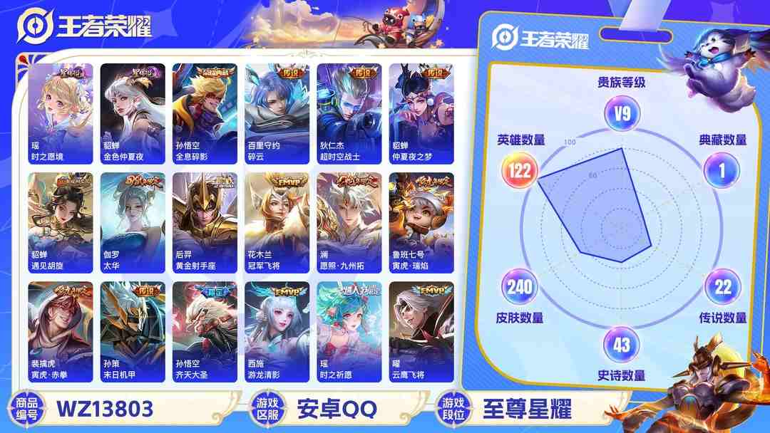 王者荣耀账号安卓QQ【女号1典藏26传说2星传紫瑶金貂V9 297抽水晶出第二个典藏】安卓Q-240皮肤-122英雄  【典藏皮肤】 全息碎影  【传说皮肤】 鹤羽星尊 鸣野蒿 乘龙·铭钟鼎 幻光神枪 愿照·九州拓 愿