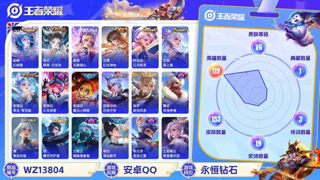 王者荣耀账号安卓QQ【女号1典藏4传说4按键V6】 安卓Q-153皮肤-119英雄  【典藏皮肤】 幻阙歌  【传说皮肤】 鸣野蒿 幻光神枪 愿照·众生和 无限倾心  【史诗皮肤】 蔬乡物语 蔬乡物语 破空之剑 百相守