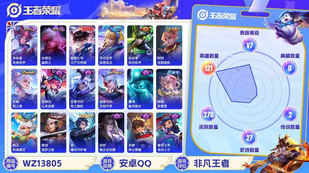 王者荣耀账号安卓QQ【270皮肤1珍品5传说2星元V7】安卓Q-270皮肤-121英雄-2星元 未来机甲 幽冥火 【珍品传说】 江户川柯南  【传说皮肤】 妄想实况 牧神诗旅 鸣野蒿 末日机甲 地狱火  【史诗皮肤】 