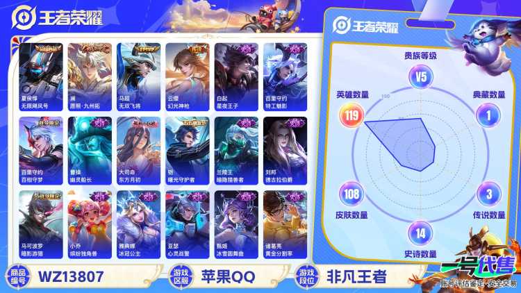 【6金标1典藏4传说V5 金标诸葛亮万战 金标刘禅 金标东皇太 金标扁鹊 金标钟馗 金标空空儿】苹果Q-108皮肤-119英雄  【典藏皮肤】 无限飓风号  【传说皮肤】 鸣野蒿 幻光神枪 愿照·九