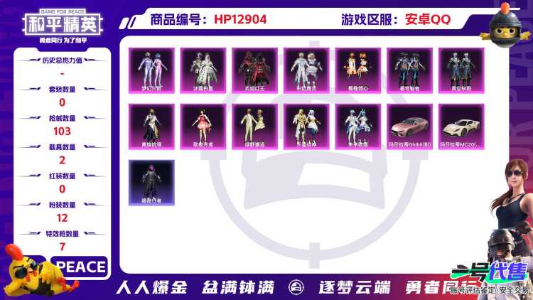 31506 安卓手Q-0王牌印记-12粉装-7特效枪-2载具-38310热力值-71套装-103枪皮-0卓越印记-0传奇印记
【12粉装】,梦幻火箭,黄族统领,天星战神,橘柚倾心,碧穹智者,冰霜白