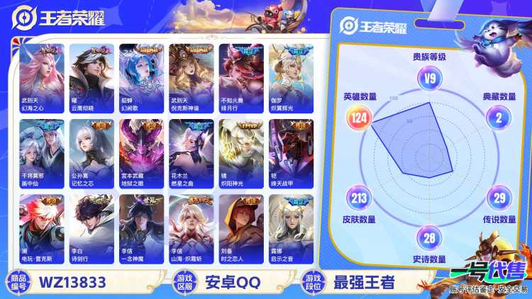 MWZ100587【准V10!3典藏2星传33传说V9】安卓Q-213皮肤-124英雄  【典藏皮肤】 倪克斯神谕 武则天 幻阙歌  【传说皮肤】 浮生妄 记忆之芯 电玩·雷克斯 鹤羽星尊 燃星之曲