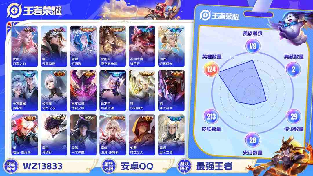 王者荣耀账号安卓QQMWZ100587【准V10!3典藏2星传33传说V9】安卓Q-213皮肤-124英雄  【典藏皮肤】 倪克斯神谕 武则天 幻阙歌  【传说皮肤】 浮生妄 记忆之芯 电玩·雷克斯 鹤羽星尊 燃星之曲
