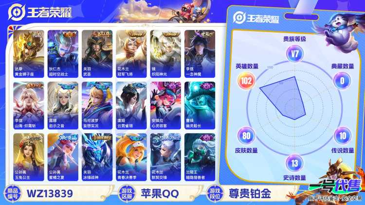 MWZ100408【金标李信11传说V7】苹果Q-80皮肤-102英雄  【传说皮肤】 妄想实况 启示之音 山海·炽霜斩 黄金狮子座 超时空战士 武圣 冠军飞将 炽阳神光 一念神魔 末日机甲 云霓雀