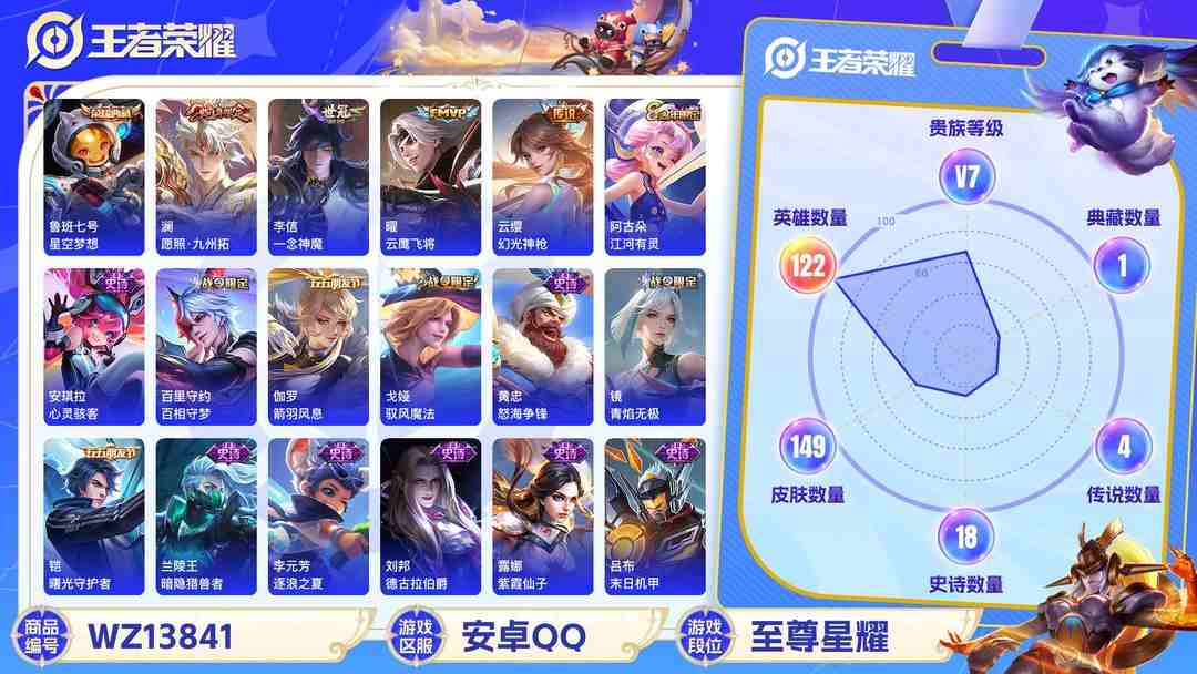 王者荣耀账号安卓QQMWZ100420【1典藏4传说V7】安卓Q-149皮肤-122英雄  【典藏皮肤】 星空梦想  【传说皮肤】 幻光神枪 愿照·九州拓 一念神魔 云鹰飞将  【史诗皮肤】 破空之剑 星界战将 百相守
