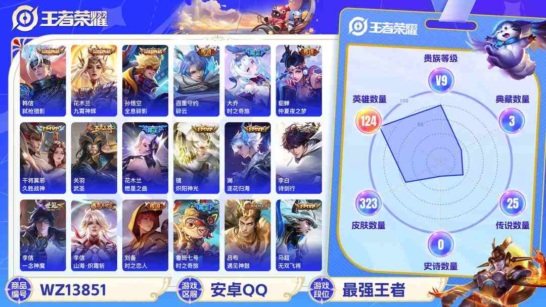 王者荣耀账号安卓QQ【男神号 3无双38传说323皮肤3典藏2星元1天幕9按键】安卓Q-124英雄【3水晶】弑枪猎影 九霄神辉 全息碎影【3无双】器灵·螭龙剑 离恨烟 花合斗【2星元】金色仲夏夜之梦 幽冥火【38传说】
