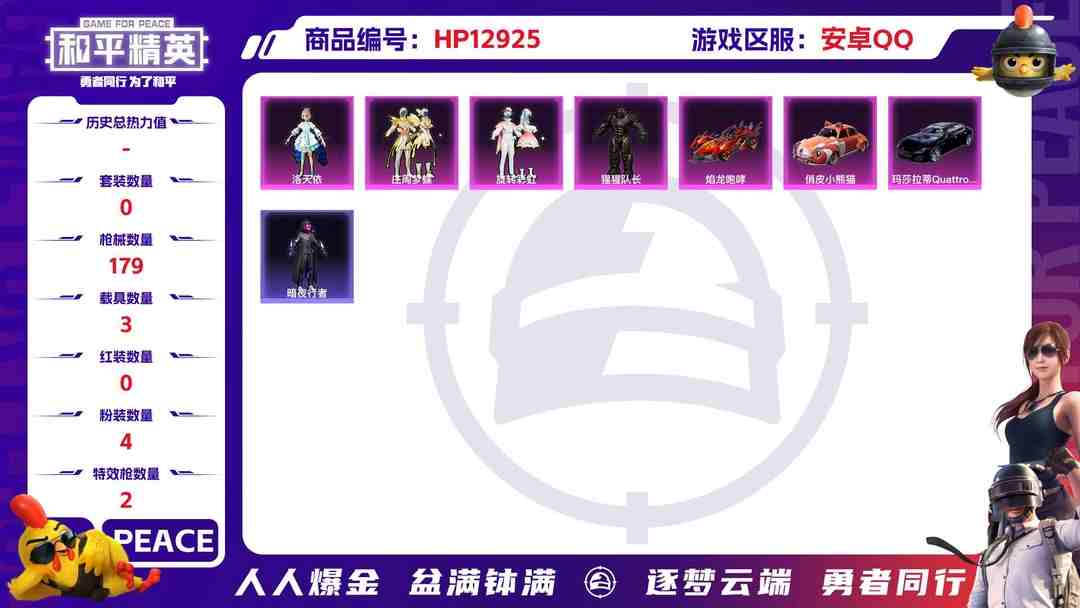 和平精英账号安卓QQ31491 安卓手Q-9王牌印记-4粉装-2特效枪-3载具-60539热力值-116套装-179枪皮-0卓越印记-0传奇印记
【4粉装】,洛天依,庄周梦蝶,猩猩队长,旋转彩虹
【2特效枪】M416