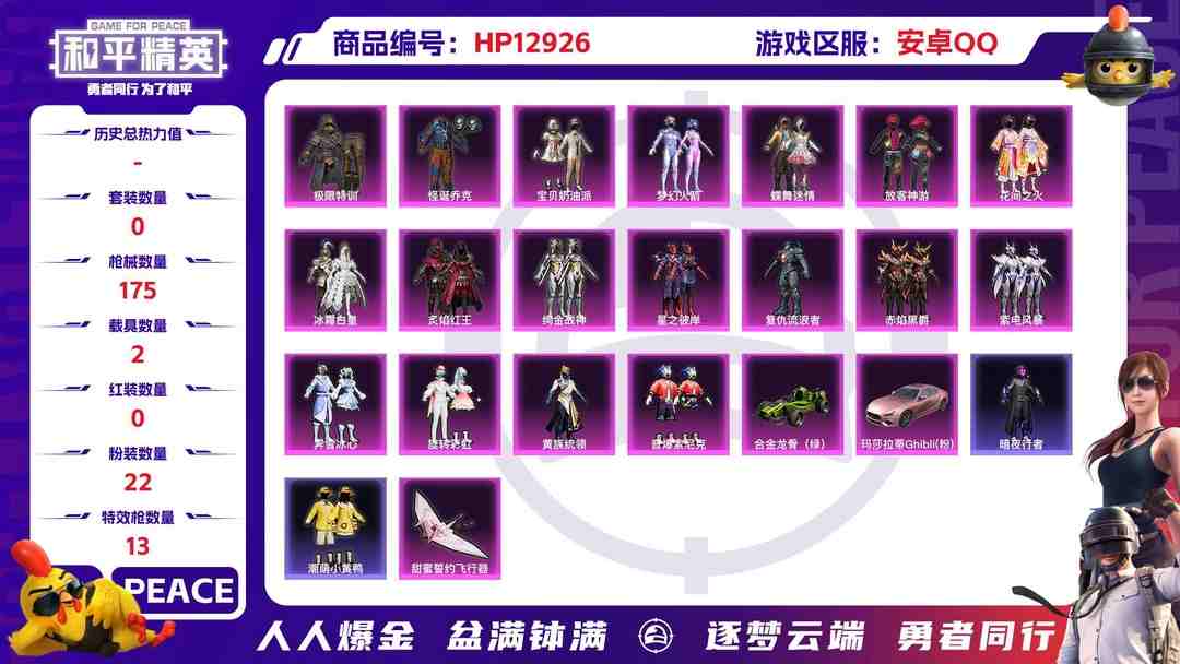 和平精英账号安卓QQ31529 安卓手Q-5王牌印记-22粉装-13特效枪-2载具-65210热力值-128套装-175枪皮-1卓越印记-1传奇印记
【22粉装】,梦幻火箭,零号机款机体服,宝贝奶油派,放客神游,灵感