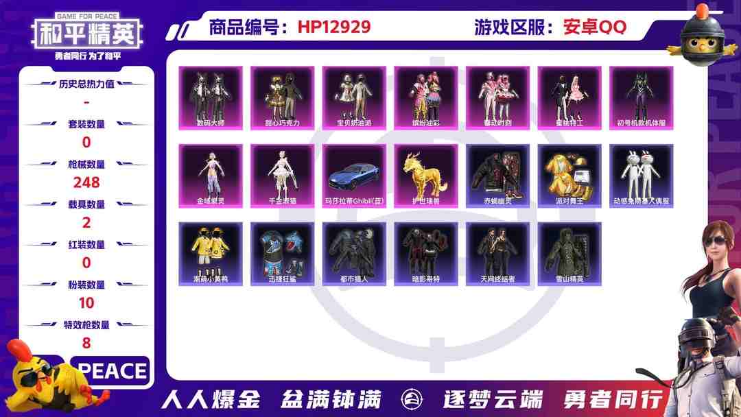 和平精英账号安卓QQM100661【极品身法号10粉8特效2载具 甜心巧克力 猪脸 紫螳螂 数码大师 派对舞王 赤蝎幽灵 天网终结者 暗影哥特 都市猎人 小丑鱼 心之恋语 至情至圣9级】安卓Q-83880热力值 13王