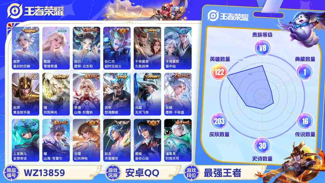 王者荣耀账号安卓QQMWZ100710【女号1典藏1无双1星传18传说V8金标咖罗】安卓Q-203皮肤-122英雄  【无双皮肤】 雪境奇遇  【典藏皮肤】 最初的交响  【传说皮肤】 妄想奇谈 幻光神枪 愿照·千秋盛