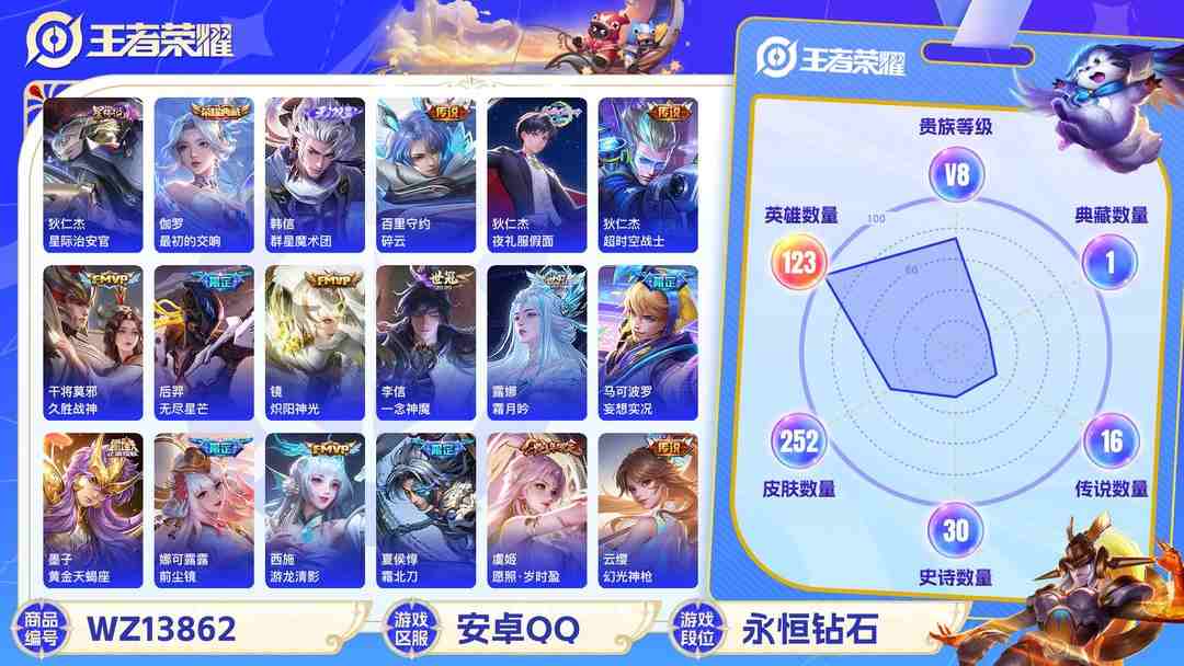 王者荣耀账号安卓QQMWZ100439【女号1典藏1珍品1无双1星传说18传说V8 14按键】安卓Q-252皮肤-123英雄  【无双皮肤】 群星魔术团  【珍品传说】 大耳狗之梦  【典藏皮肤】 最初的交响  【传说
