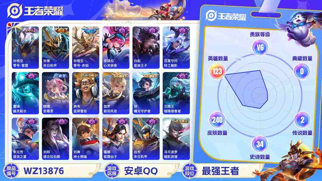 王者荣耀账号安卓QQMWZ100731【240皮肤1星元2传说V6】安卓Q-240皮肤-123英雄  【传说皮肤】 末日机甲 零号·赤焰 【星传说】零号·雷霆 【史诗皮肤】 天狼溯光者 布丁狗之约 至尊宝 完美运算 幽