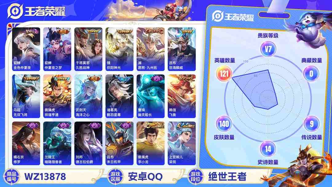 王者荣耀账号安卓QQMWZ100726+【1珍品1星元10传说V7】安卓Q-140皮肤-121英雄 
【珍品传说】 酷洛