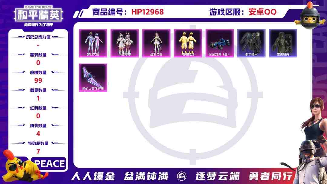 和平精英账号安卓QQM100074【双字ID战神框2级图卡盟1载具1神装4粉装7特效枪 梦幻火箭 都市猎人 老六服 风花雪月 ss27战神框 沙丘之主 (3级) 身法号】安卓Q-33265热力值 6王牌印记 历史无敌战