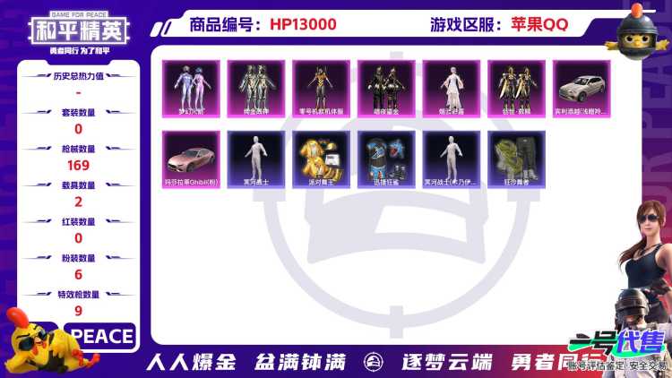 M100235【2载具6粉装9特效枪 木乃伊 金靴子 黄螳螂 梦幻火箭  绚金战神 五爪金龙 (7级)金羽 蓝螳螂 身法号】苹果Q-58730热力值 10王牌印记 历史绝世王牌26星 117套装 1