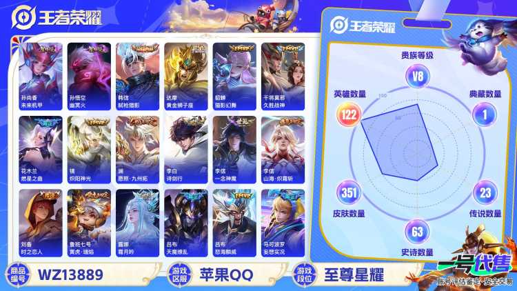 MWZ99537【351皮肤1典藏27传说2星传说V8 打野37段 金标刘备准万战 金标李信准万战 金标扁鹊 市标韩信8289战力 】苹果Q-351皮肤-122英雄  【典藏皮肤】 弑枪猎影  【传