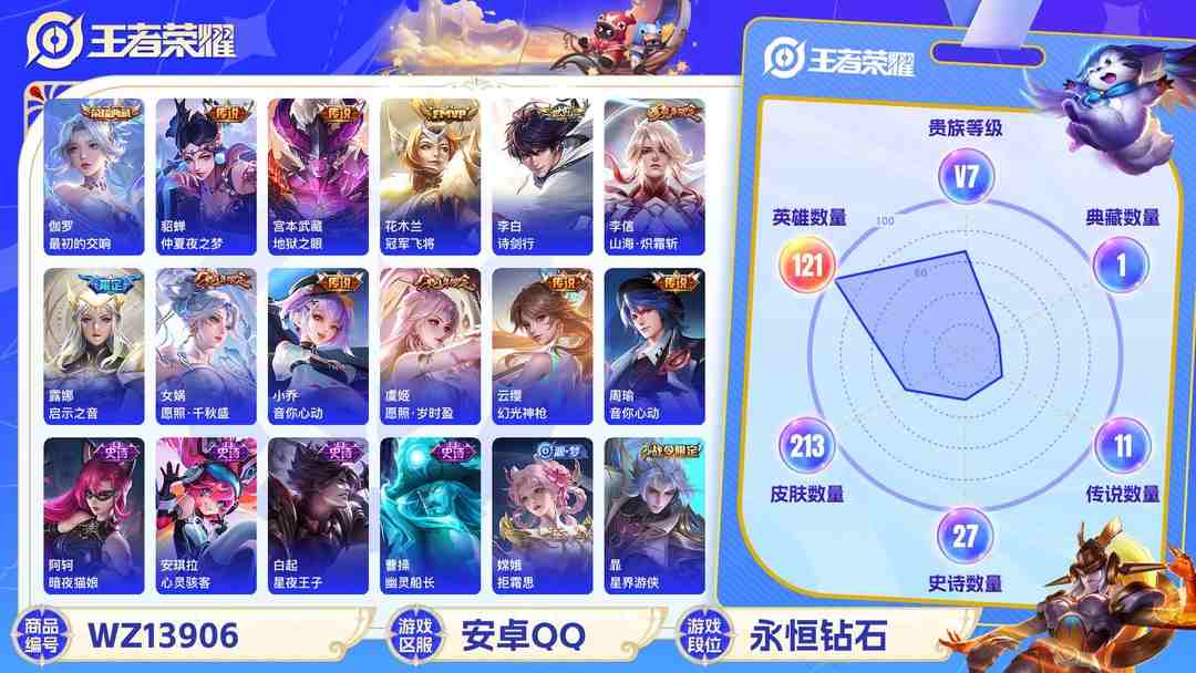王者荣耀账号安卓QQ【女号1典藏10传说V7】安卓Q-213皮肤-121英雄  【典藏皮肤】 最初的交响  【传说皮肤】 启示之音 幻光神枪 愿照·千秋盛 愿照·岁时盈 山海·炽霜斩 诗剑行 仲夏夜之梦 地狱之眼 冠军
