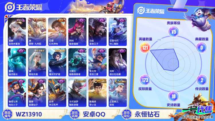 【1星传说 3传说 V5 】安卓Q-173皮肤-121英雄  【传说皮肤】 鸣野蒿 幻光神枪 愿照·九州拓  【史诗皮肤】 破空之剑 茶境仙 电玩小子 青焰无极 苍威无极 完美运算 幽灵船长 功夫厨