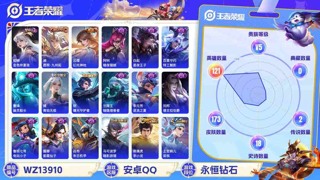 王者荣耀账号安卓QQ【1星传说 3传说 V5 】安卓Q-173皮肤-121英雄  【传说皮肤】 鸣野蒿 幻光神枪 愿照·九州拓  【史诗皮肤】 破空之剑 茶境仙 电玩小子 青焰无极 苍威无极 完美运算 幽灵船长 功夫厨