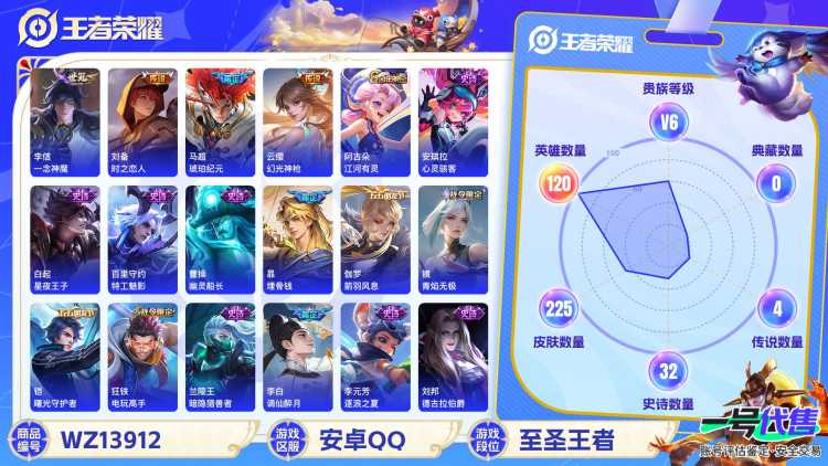 【225皮肤5传说V6】安卓Q-225皮肤-120英雄  【传说皮肤】 鸣野蒿 琥珀纪元 幻光神枪 一念神魔 时之恋人  【史诗皮肤】 蔬乡物语 蔬乡物语 破空之剑 星界战将 地狱燃心 谪仙醉月 山