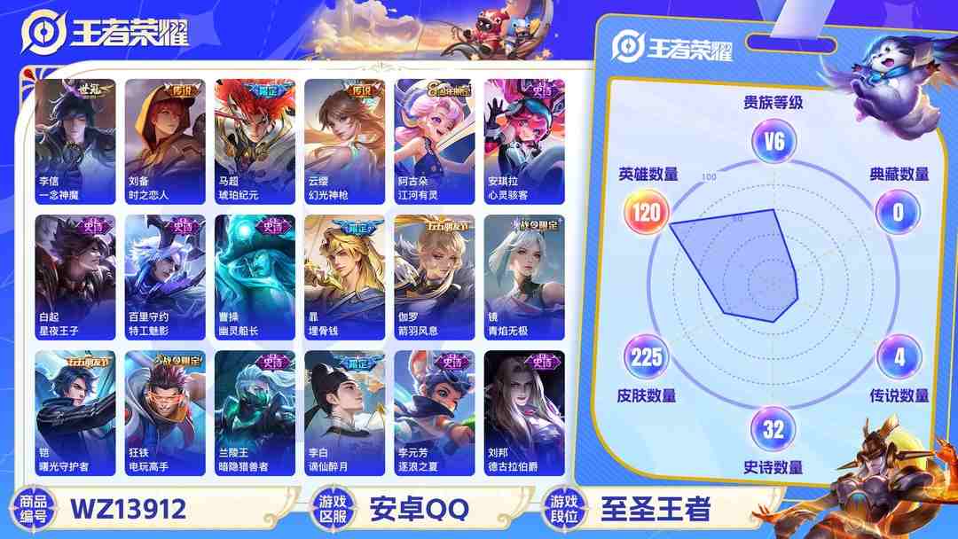 王者荣耀账号安卓QQ【225皮肤5传说V6】安卓Q-225皮肤-120英雄  【传说皮肤】 鸣野蒿 琥珀纪元 幻光神枪 一念神魔 时之恋人  【史诗皮肤】 蔬乡物语 蔬乡物语 破空之剑 星界战将 地狱燃心 谪仙醉月 山
