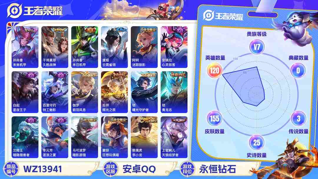 王者荣耀账号安卓QQ【4传说1星传说 V7至尊宝】安卓Q-155皮肤-120英雄  【传说皮肤】 久胜战神 末日机甲 地狱火 云霓雀翎  【史诗皮肤】 辉光之辰 青龙志 天狼绘梦者 至尊宝 舞动绿茵 繁星吟游 功夫厨神
