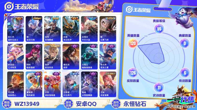 【7传说 V6 】安卓Q-126皮肤-120英雄  【传说皮肤】 鸣野蒿 逐花归海 齐天大圣 超时空战士 末日机甲 云鹰飞将 怒海麟威  【史诗皮肤】 地狱燃心 星界特工 聚星闪耀 江河有灵 决胜大