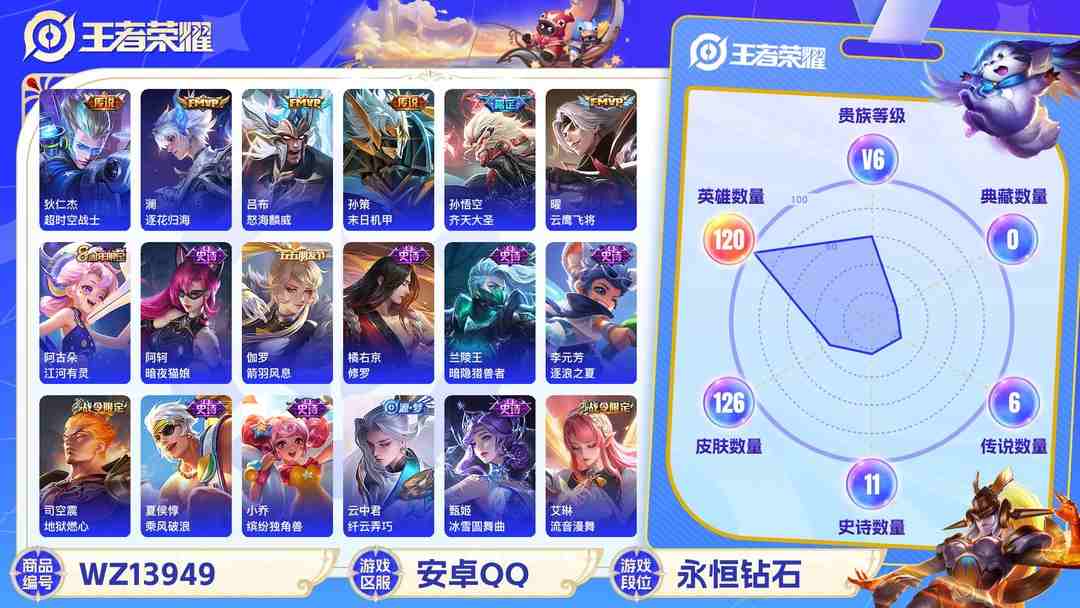 王者荣耀账号安卓QQ【7传说 V6 】安卓Q-126皮肤-120英雄  【传说皮肤】 鸣野蒿 逐花归海 齐天大圣 超时空战士 末日机甲 云鹰飞将 怒海麟威  【史诗皮肤】 地狱燃心 星界特工 聚星闪耀 江河有灵 决胜大