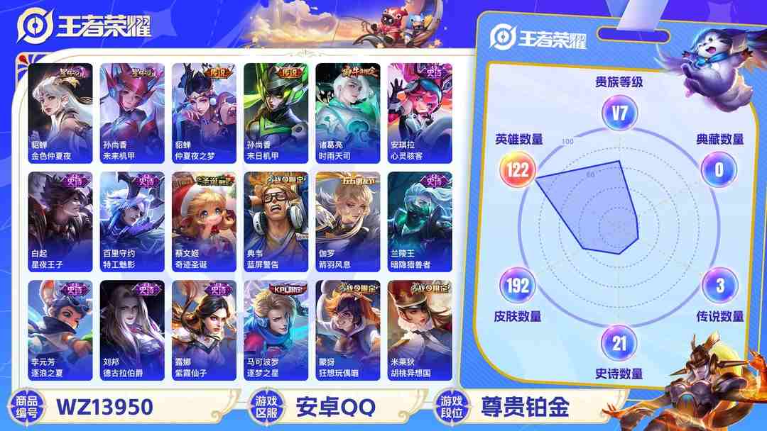 王者荣耀账号安卓QQ【192皮肤1典藏2星传说 3传说 V7 】安卓Q-192皮肤-122英雄  【典藏皮肤】 武则天  【传说皮肤】 仲夏夜之梦 末日机甲 时雨天司  【史诗皮肤】 奇迹圣诞 逐梦之星 霸王别姬 云端