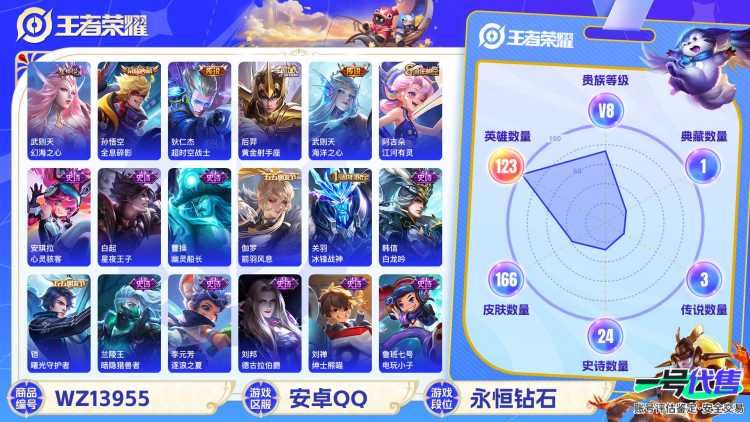 MWZ99621【2典藏6传说1星传说V8】安卓Q-166皮肤-123英雄  【典藏皮肤】 全息碎影 武则天  【传说皮肤】 鸣野蒿 超时空战士 黄金射手座 末日机甲 海洋之心 启明星使  【史诗皮