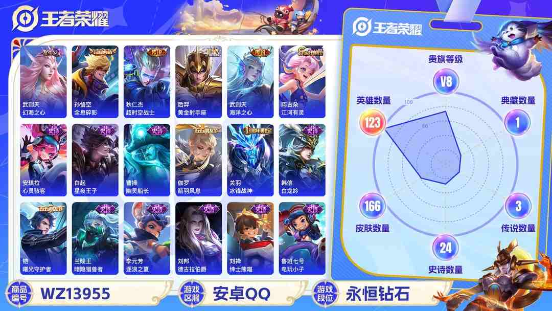 王者荣耀账号安卓QQMWZ99621【2典藏6传说1星传说V8】安卓Q-166皮肤-123英雄  【典藏皮肤】 全息碎影 武则天  【传说皮肤】 鸣野蒿 超时空战士 黄金射手座 末日机甲 海洋之心 启明星使  【史诗皮