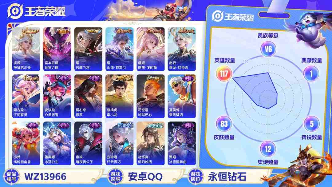 王者荣耀账号安卓QQMWZ99736【1典藏6传说V6】安卓Q-83皮肤-117英雄  【典藏皮肤】 神鉴启示录  【传说皮肤】 鸣野蒿 乘龙·铭钟鼎 愿照·岁时盈 山海·苍雷引 地狱之眼 云鹰飞将  【史诗皮肤】 龙