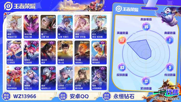 MWZ99736【1典藏6传说V6】安卓Q-83皮肤-117英雄  【典藏皮肤】 神鉴启示录  【传说皮肤】 鸣野蒿 乘龙·铭钟鼎 愿照·岁时盈 山海·苍雷引 地狱之眼 云鹰飞将  【史诗皮肤】 龙