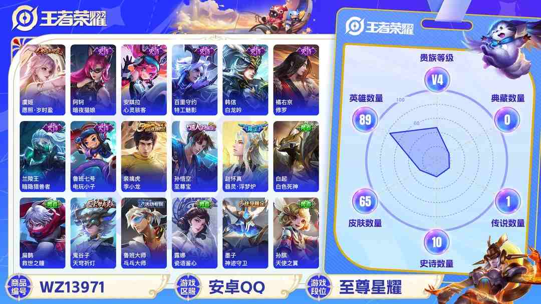 王者荣耀账号安卓QQ【至尊宝1传说 v4】安卓Q-65皮肤-89英雄  【传说皮肤】 愿照·岁时盈  【史诗皮肤】 器灵·浮梦炉 电玩小子 至尊宝 魅力维加斯 鹰眼统帅 圣诞恋歌 白龙吟 修罗 暗隐猎兽者 航海奇遇记 