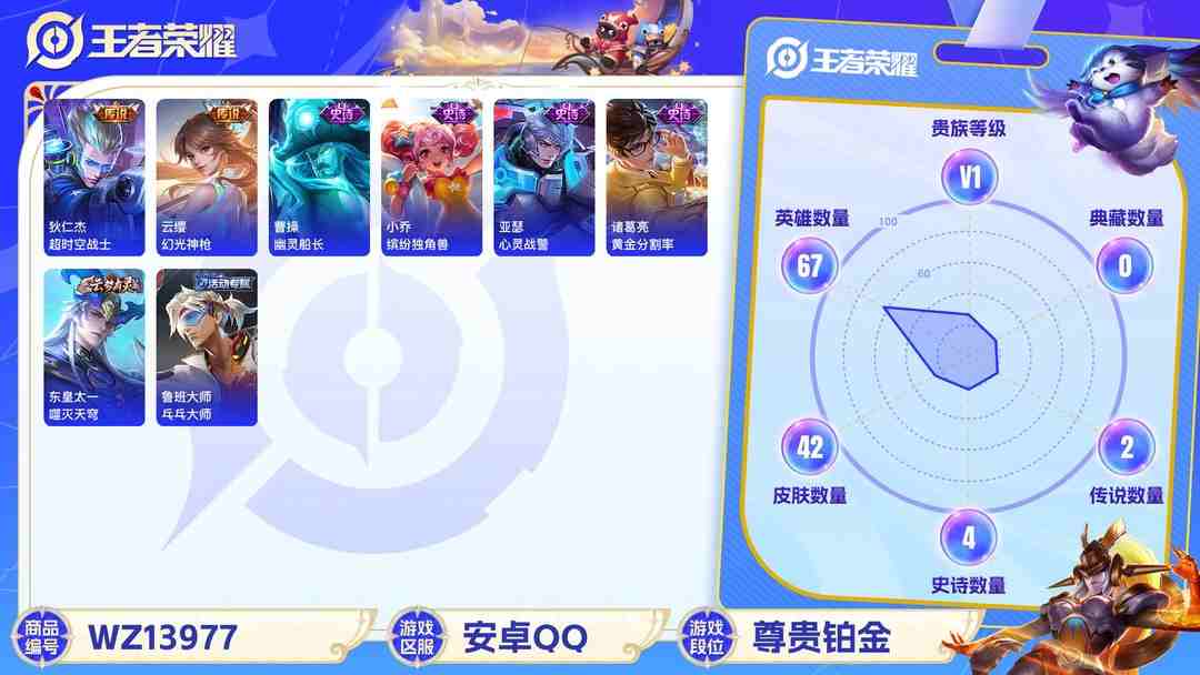 王者荣耀账号安卓QQMWZ99764【4传说V1】安卓Q-42皮肤-67英雄  【传说皮肤】 鸣野蒿 幻光神枪 超时空战士 地狱火  【史诗皮肤】 幽灵船长 圣诞恋歌 鬼剑武藏 金属风暴 水果甜心 缤纷独角兽 心灵战警