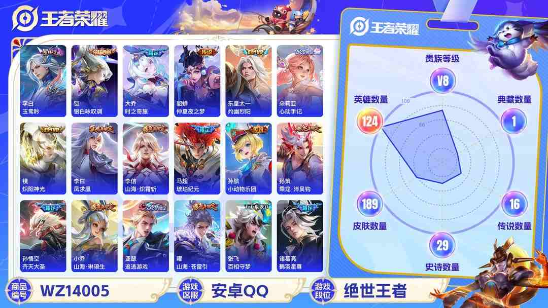王者荣耀账号安卓QQMWZ100787【游走38段万战金标牛魔 金标凯1典藏1珍品17传说1星传说V8】安卓Q-189皮肤-124英雄  【珍品传说】 兔狲·蓬尾  【典藏皮肤】 银白咏叹调  【传说皮肤】 百相守梦 