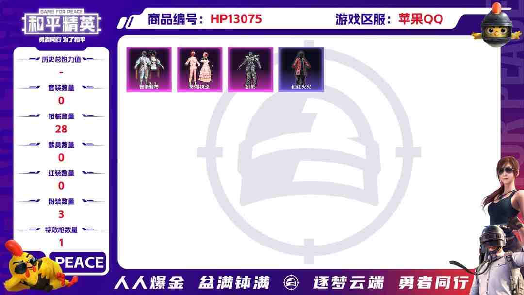 和平精英账号苹果QQXS670+【3粉装1特效枪心之恋语 (4级) 】苹果Q-12021热力值 1王牌印记 历史超级王牌 50套装 28枪皮 【3粉装】 粉樱探戈 幻影 智能音符 【1特效枪】 M416-心之恋语 (4
