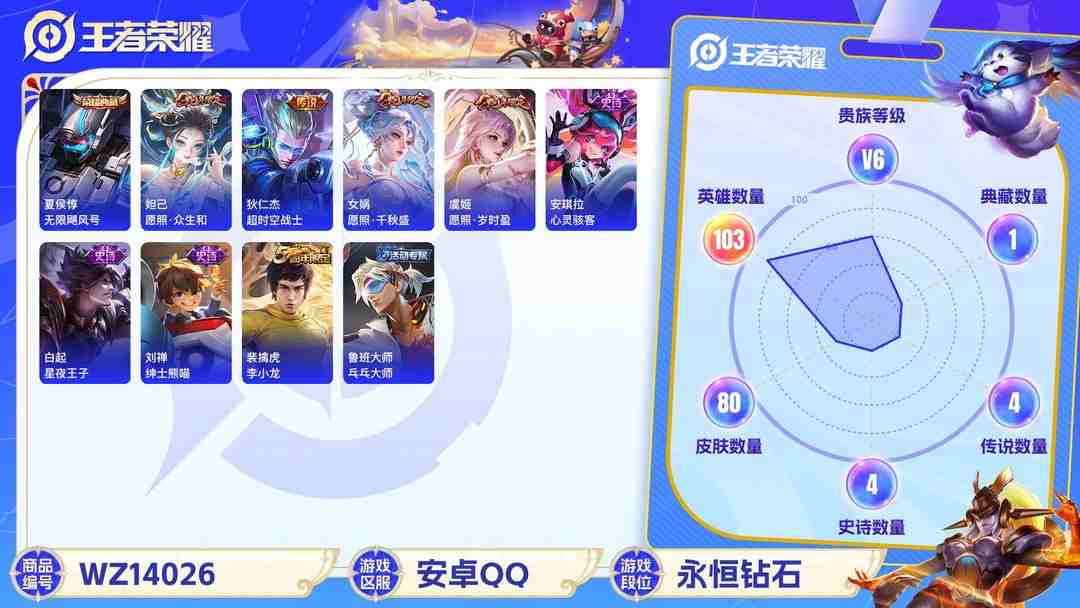 王者荣耀账号安卓QQMWZ100834+【1典藏4传说】安卓Q-80皮肤-103英雄 
【典藏皮肤】 无限飓风号 
【传