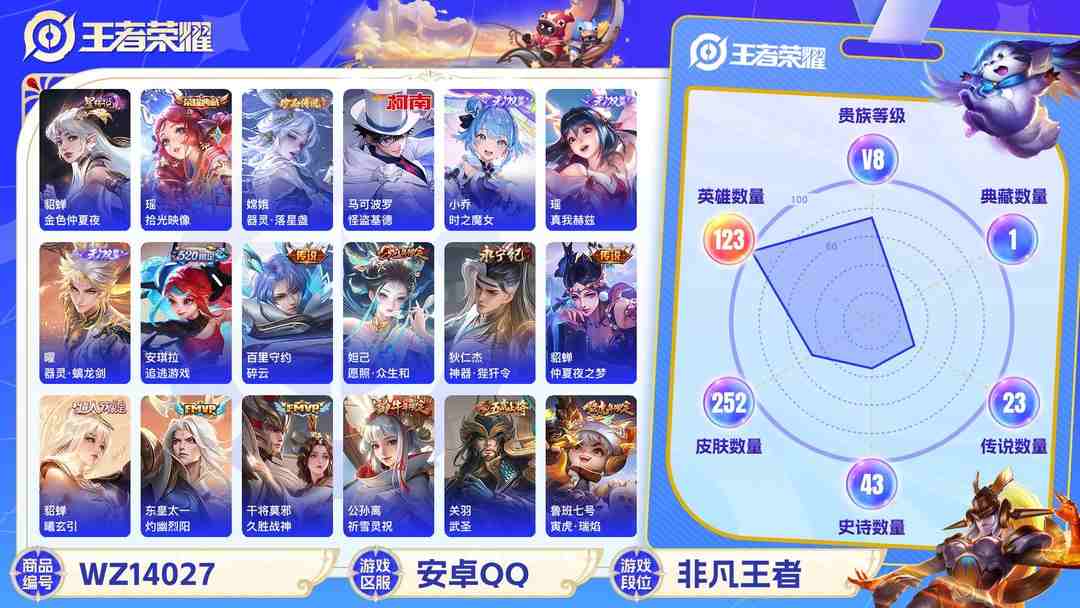 王者荣耀账号安卓QQMWZ100830【3无双4珍品1典藏1星元26传说V8全皮瑶 全皮西施 全皮嫦娥极品女号】安卓Q-252皮肤-123英雄-1星元 金色仲夏夜  【无双皮肤】 器灵·螭龙剑 时之魔女 真我赫兹  【