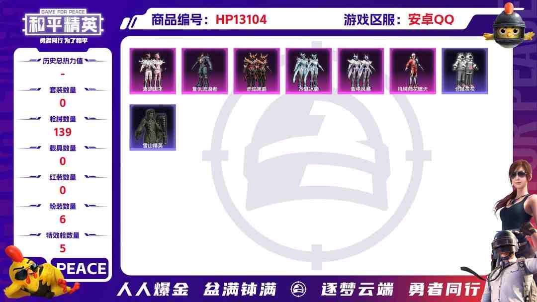 和平精英账号安卓QQM100539【6粉装5特效枪 7级炫紫旋律 孙悟空 复仇流浪者 仓鼠灰灰 军刀雅典娜身法号】安卓Q-48256热力值 1王牌印记 历史超级王牌 107套装 139枪皮 【6粉装】 机械师花傲天 紫