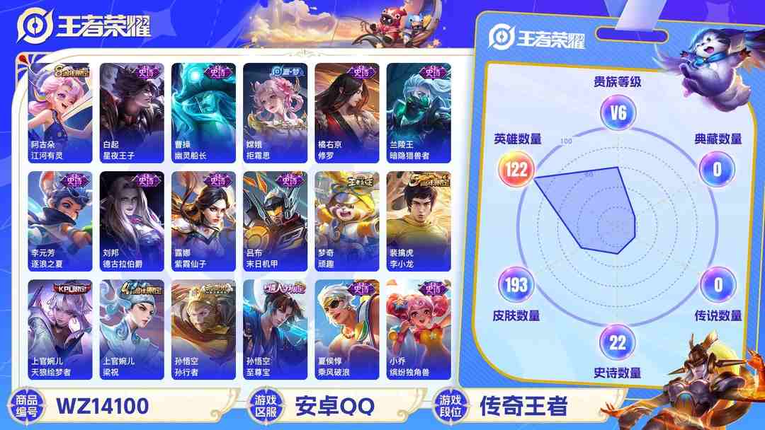 王者荣耀账号安卓QQXSW968【亏本出193皮肤至尊宝1传说V6】安卓Q-193皮肤-122英雄  【传说皮肤】 鸣野蒿  【史诗皮肤】 星界战将 天狼绘梦者 至尊宝 孙行者 敬我三分 至尊宝 孙行者 江河有灵 决胜