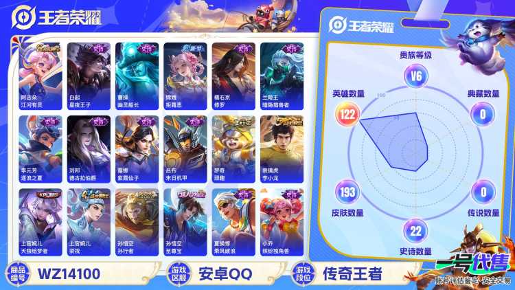 XSW968【亏本出193皮肤至尊宝1传说V6】安卓Q-193皮肤-122英雄  【传说皮肤】 鸣野蒿  【史诗皮肤】 星界战将 天狼绘梦者 至尊宝 孙行者 敬我三分 至尊宝 孙行者 江河有灵 决胜