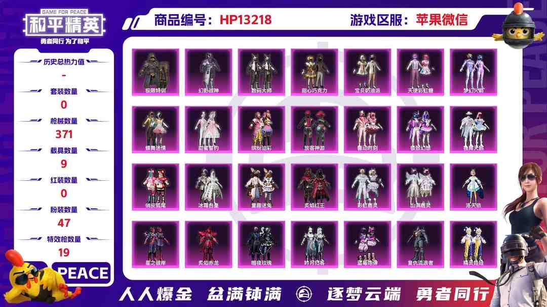 和平精英账号苹果微信果V【人脸可改】-47粉装-19特效枪-9载具-热力值-19印记-322套装-371枪皮
4卓越印记  3传奇印记  2绝世印记  